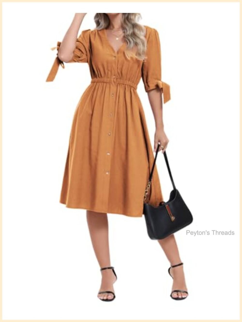 Women's Rayon Linen Blend Midi Dress Puff Sleeve V-Neck A-Line Casual
